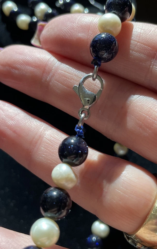 "Juego de aretes pulsera collar perlas y gemas de piedra dorada azul oscuro de 19""" Foto 4 de 4