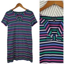 Talbots Shirt Dress Size Medium Navy Blue Pink Green Stripe bow Casual Knee