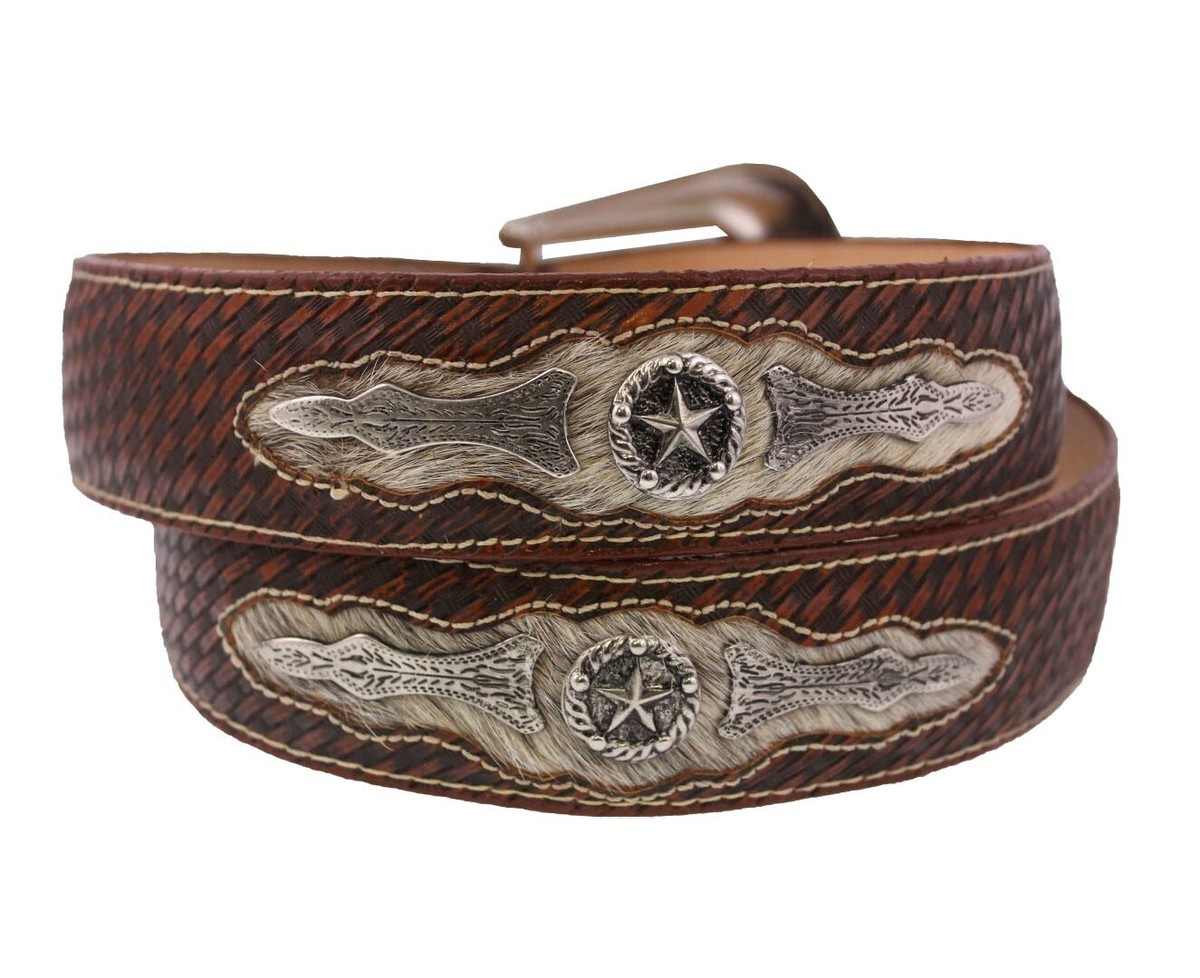 Western / Rodeo Silver Buckle Belt - Corduroy Brown Retro Western Style Rodeo Brown Leather Belt w/ Longhorn  main image 2