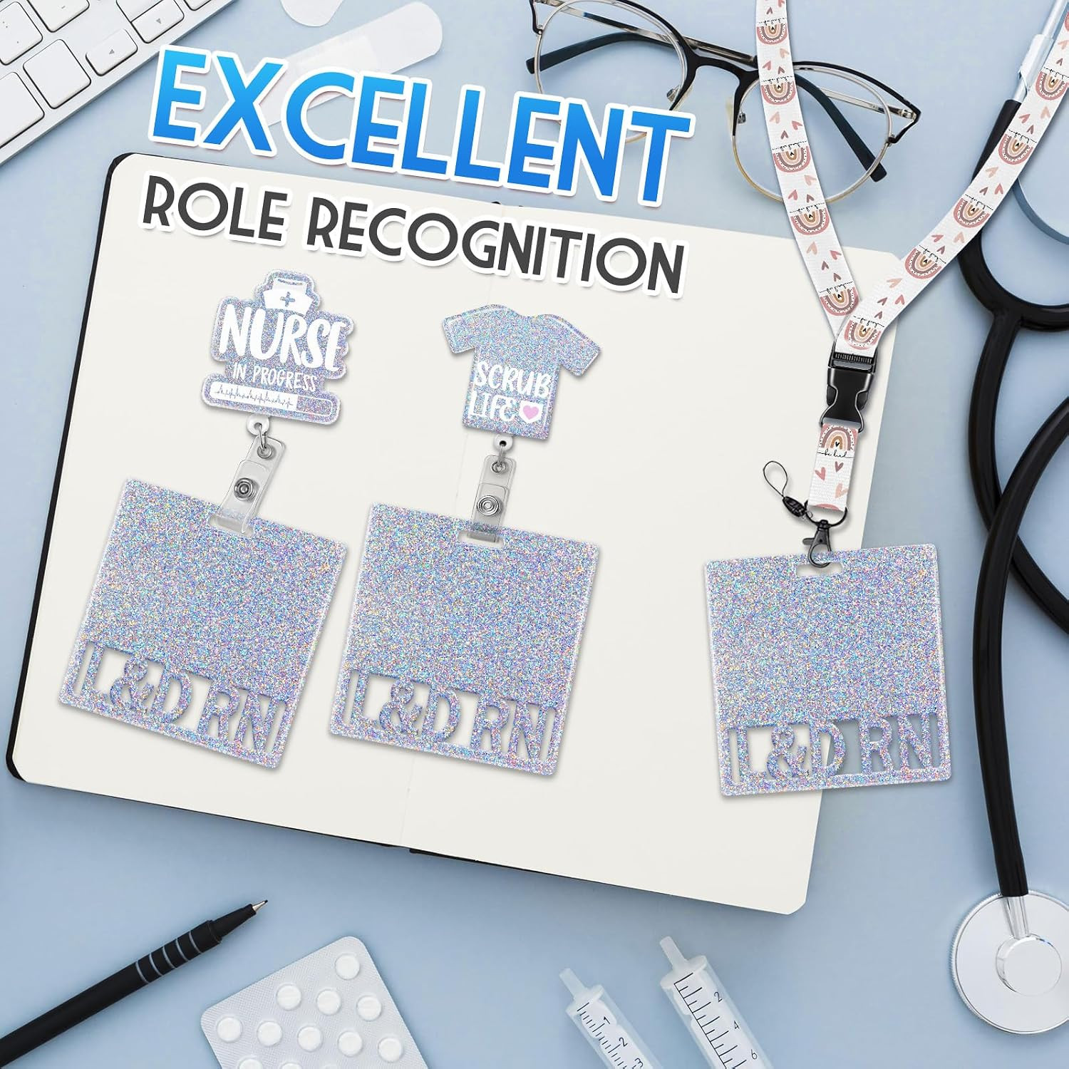 как выглядит L D RN Badge Buddy Card Holder - Labor and Delivery Registered Nurse Glitter Sli фото