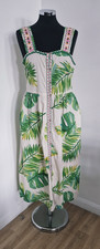 Monsoon White Green Tropical Leaf Midi Dress M Cotton Summer Holiday Embroidered