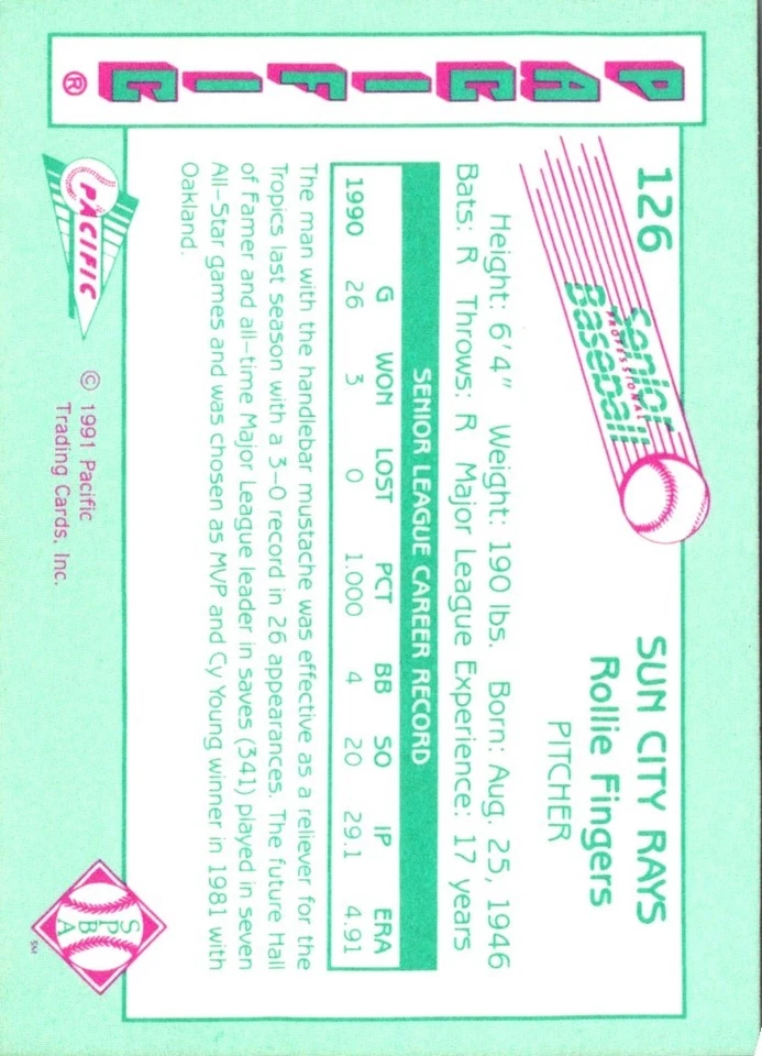 1991 Pacific Senior League Rollie Fingers #126B Sun City Rays Baseball Card - Image 2 of 2
