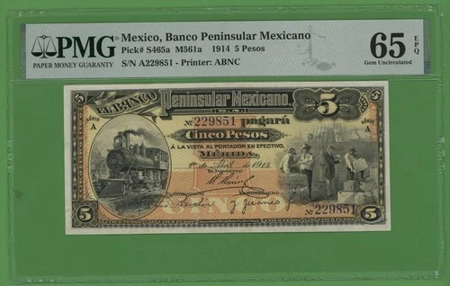 MEXICO 5 PESOS  1914 A BANCO PENINSULAR MEXICANO PICK # S465a PMG 65 GEM UNC EPQ