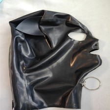 Latex Hood Rubber Mask Cat Ear With D ring Open Eye Back Zip Cosplay Costume