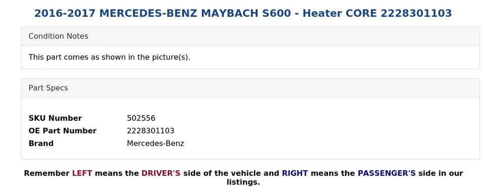 2016-2017 MERCEDES-BENZ MAYBACH S600 - Heater CORE 2228301103 - Image 4 of 4