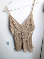Crochet Tank Top Open Knit Boho Tan Sheer Y2K Junior Size M FADED GLORY K