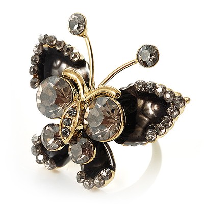 3D Kristall Schmetterling Ring (Gold & Schwarz)