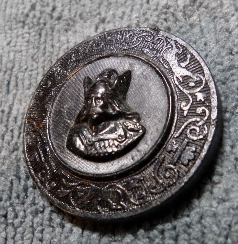 Antique Pressed Horn Picture Button VIKING KING Running Dog Border