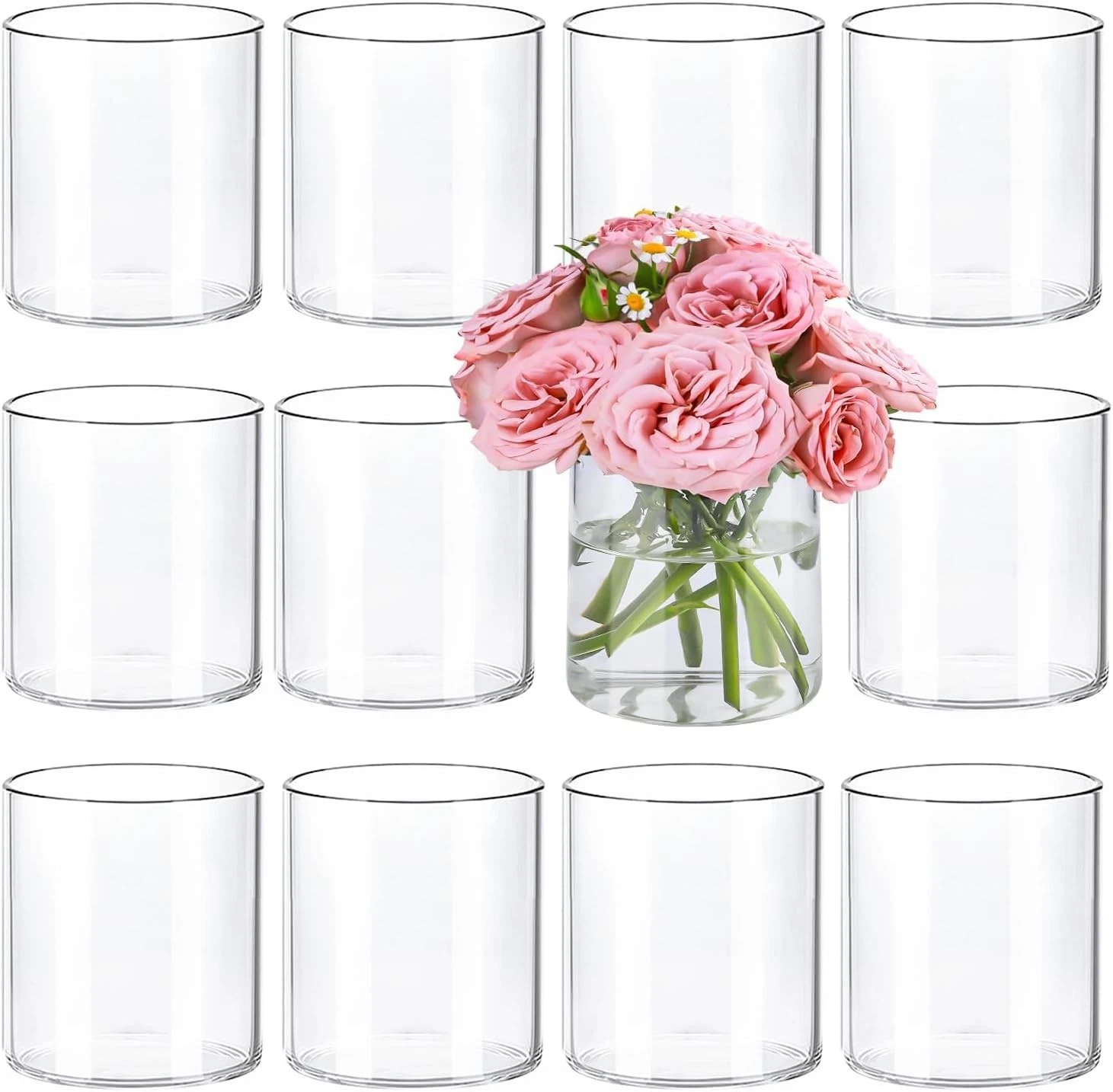 TBWIND 12pcs Small Glass Cylinder Vases for Centerpieces, 4 Inch Clear Flowers