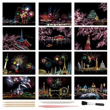 12 PCS 7.9x5.5 Inch Scratch Art Paper Rainbow Night View Board Pen Brush Set