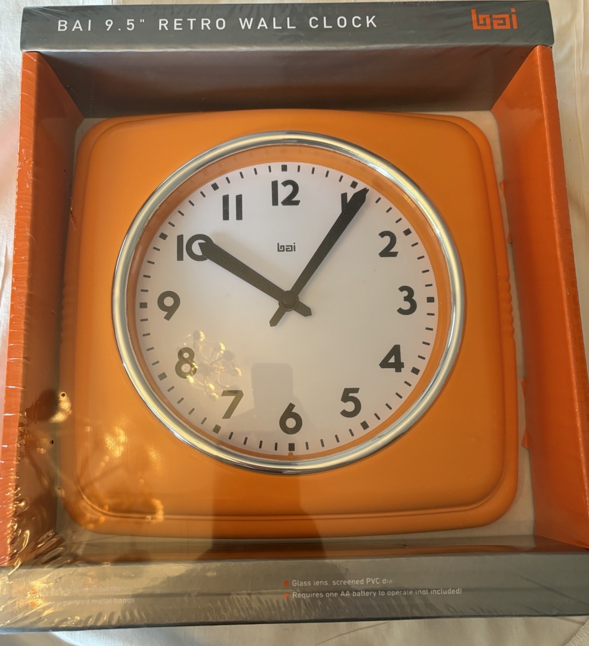 Bai Retro Square Wall Clock 9.5" Orange Quartz Analog 