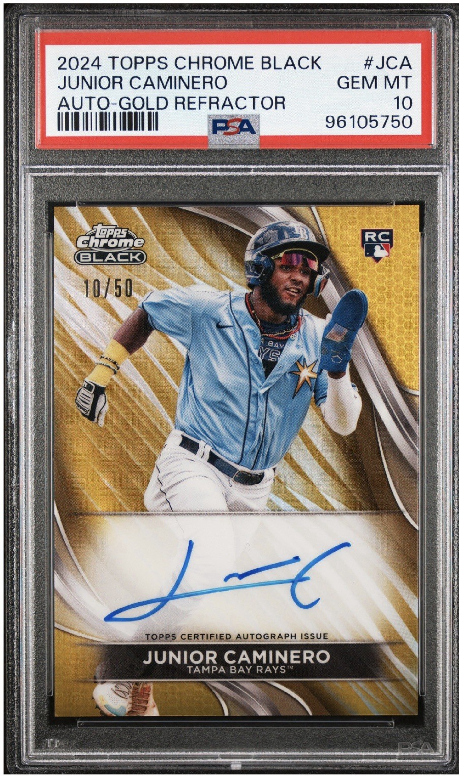 2024 Topps Chrome Black - Autographs Junior Caminero Gold Refractor /50 PSA 10