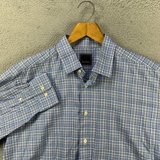 David Donahue Shirt Dress Mens 17 34-35 Blue White Plaid Button Up 100 Cotton
