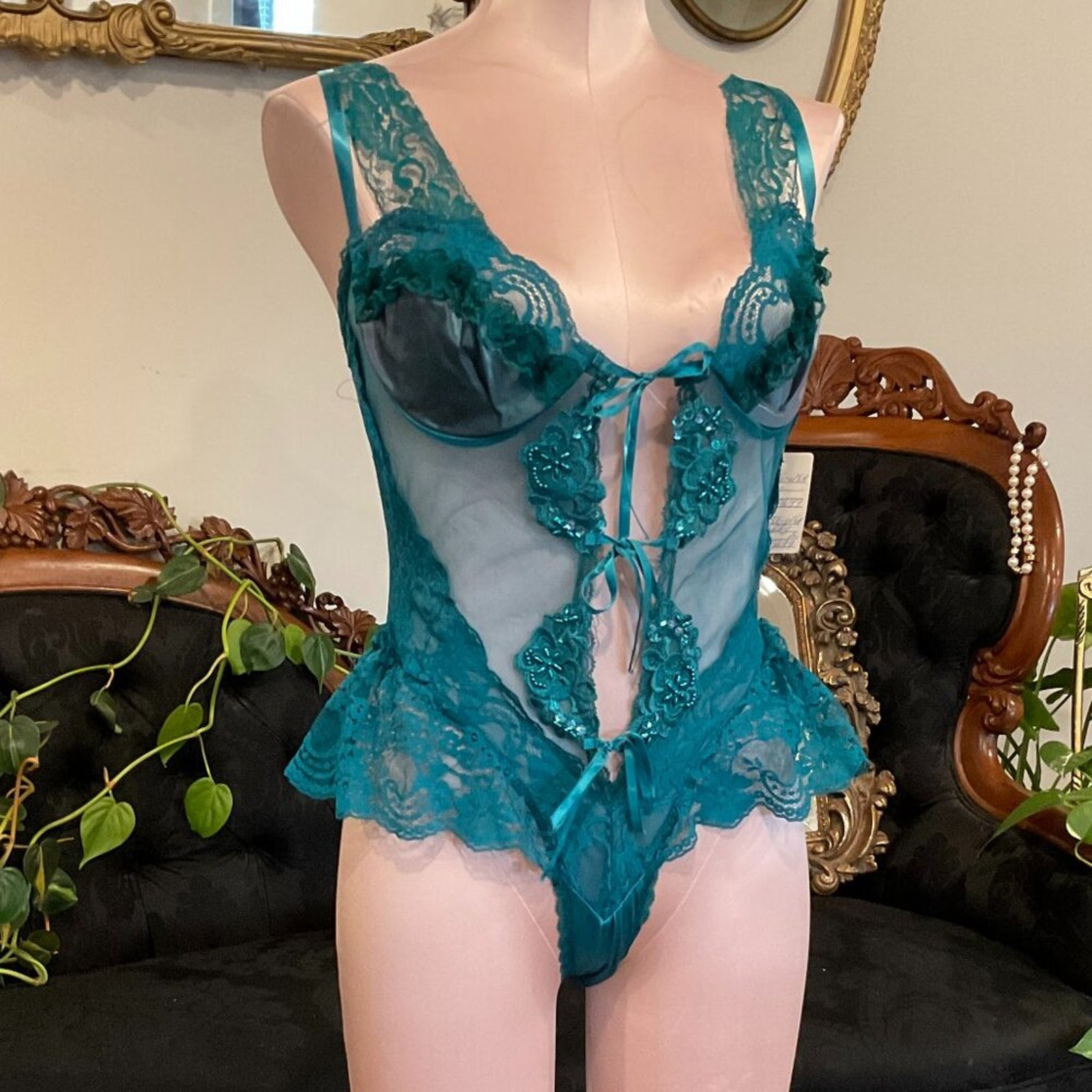 Vintage teal satin beaded lace teddy with ruffles by Faris in size L