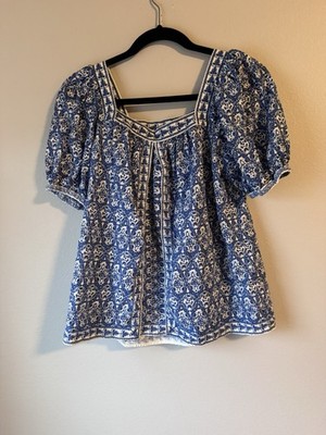 Max Studio London Blue White Floral Puff Sleeve Peasant Blouse XS Cottagecore