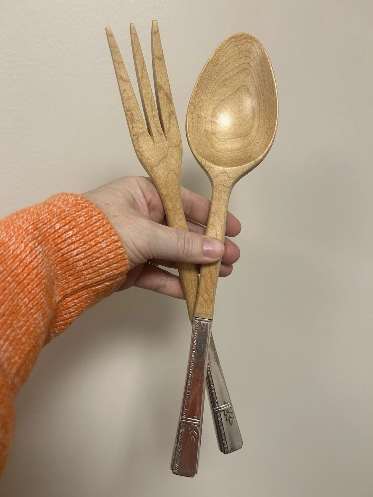 VTG Oneida Salad Serving Set Art Deco Wood Silver Plate Handles Grenoble