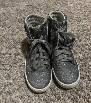 Justice Girls Gray/Silver Glitter High Top Lace-Up Sneakers US Size 4