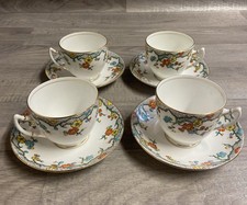 Empire Pottery England 4 X Tea Cups & Saucers Floral & Gold Trim Decoration