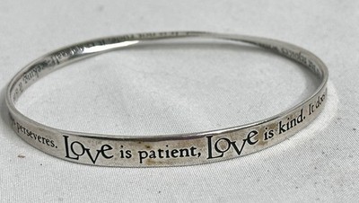 STERLING Love is Patient Mobius Bangle Bracelet Bible Verse 1 Corinthians 13:4-8
