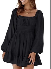Dokotoo Womens Square Neck Summer Dress Tie Back Long Lantern Sleeve Ruffle SMAL