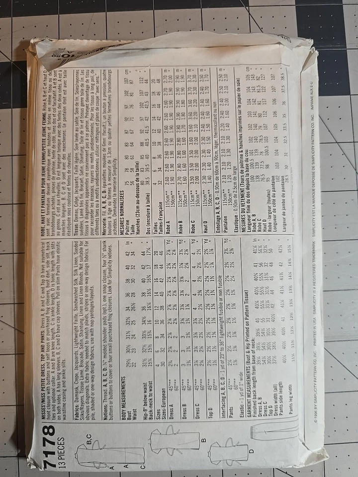 Vtg Dress Top & Pants Sewing Pattern Size 4 6 8  Misses 7178 Simplicity Uncut  - Image 2 of 2