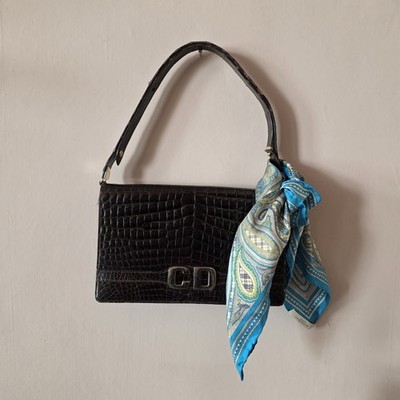 Christian Dior - Original Krokodil Handtasche - sehr dunkelbraun - goldfarbenes Logo