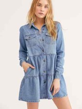 Free People Nicole Denim Mini Shirt Dress, Indigo Blue, X-Small, RRP $128