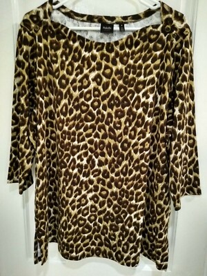 RAFAELLA STUDIO Size 2X~Leopard Print Top~Slit Hips~3/4 Sleeve/Button @Shoulder
