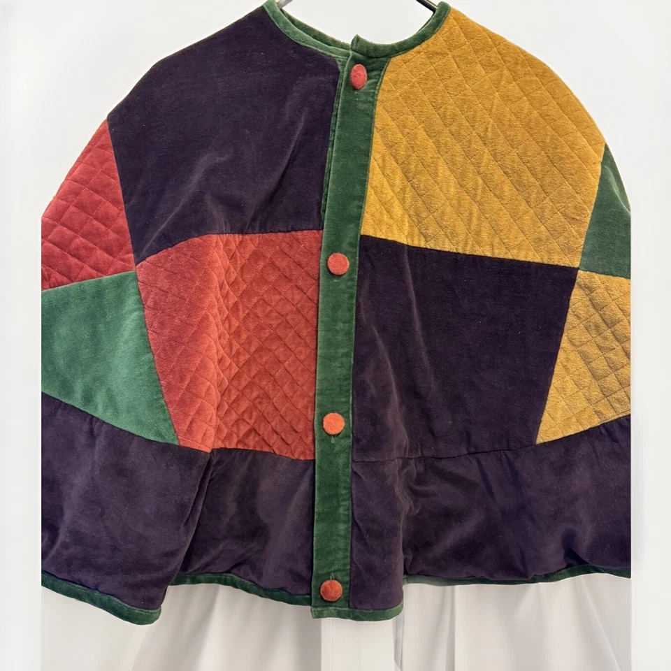 VTG BOHO Patchwork Poncho Cape Hippie Festival Purple Green 51x24 Velvet - Image 2 of 4