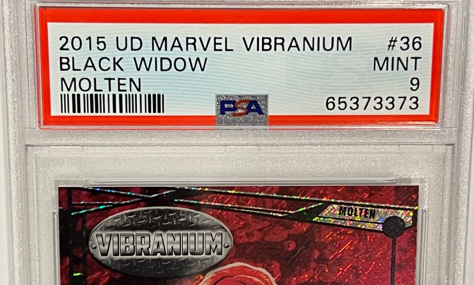 2015 Marvel Vibranium Molten #36 OMEGA Black Widow Variant Sparkle 299/299 PSA 9