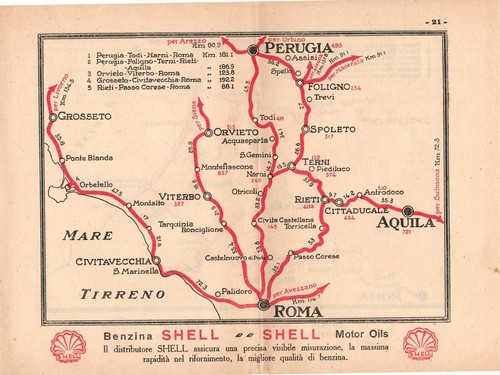 AUTOMOBILLINIEN GEOGRAPHISCHE KARTE PERUGIA ROM ADLER ABRUZZEN 1927 CIT