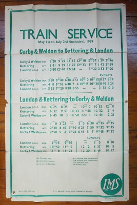 1939 LMS Corby Weldon Hettering Eisenbahn Zug Fahrplan Poster 