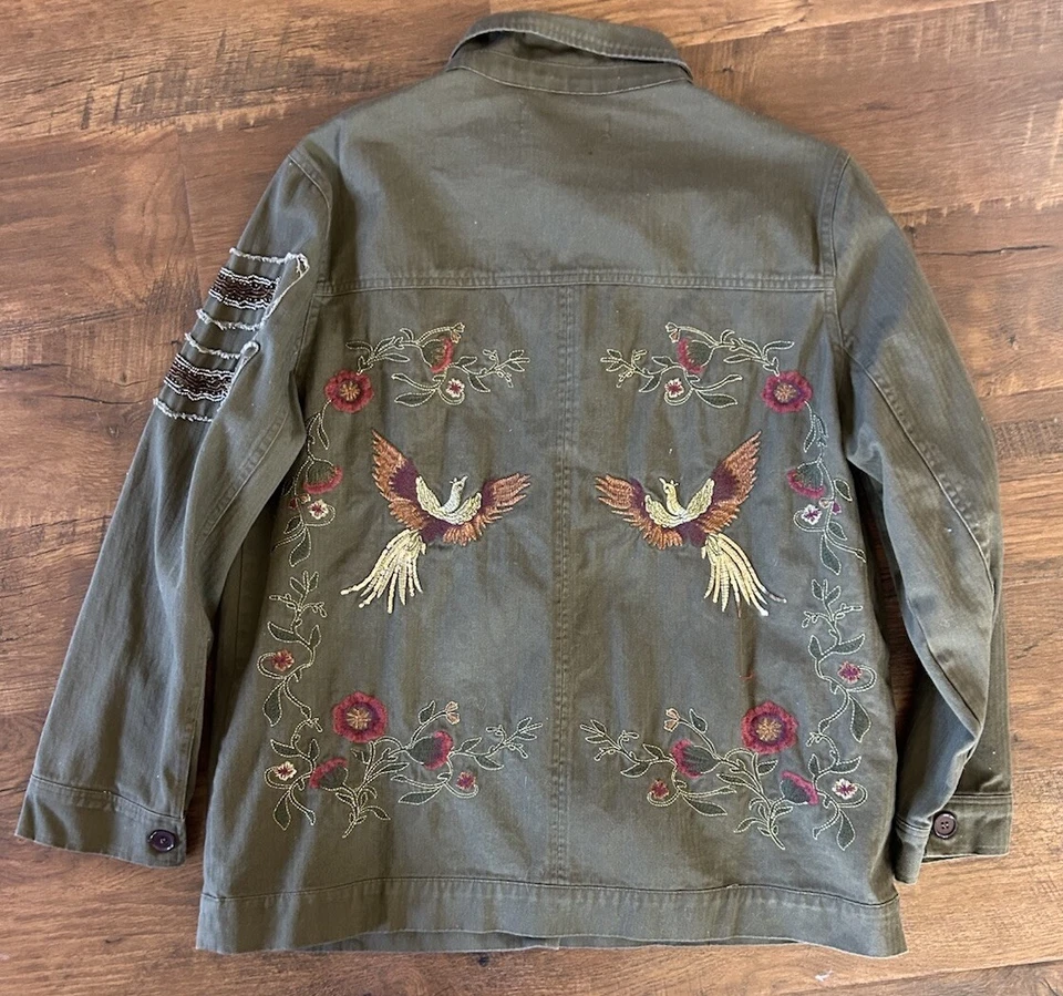 Colleen Lopez Embroidered Beaded Military Shacket Utility Jacket Button Up L - Image 3 of 4