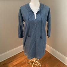 Madewell Womans Denim Artiste Dress Tassel split neck 3/4 sleeve aline size XXS