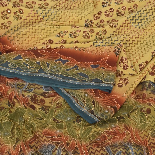 Sanskriti Vintage Sarees Pure Silk/Net Hand Embroidered Kantha Sari Craft Fabric - Picture 2 of 12