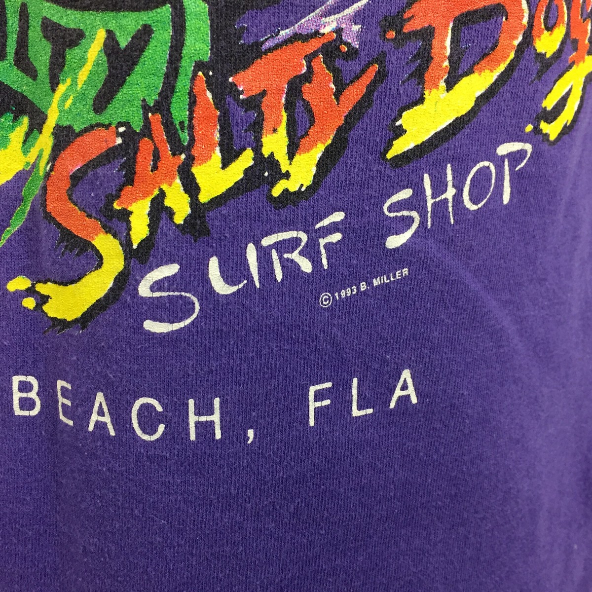 Vintage 80s 90s Salty Dog Surf Shop Purple Neon Florida Big Logo T 