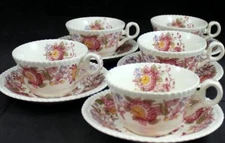 Spode Aster Red Gadroon Shape 5 Cup & Saucer Sets Black Backstamp 2/8130