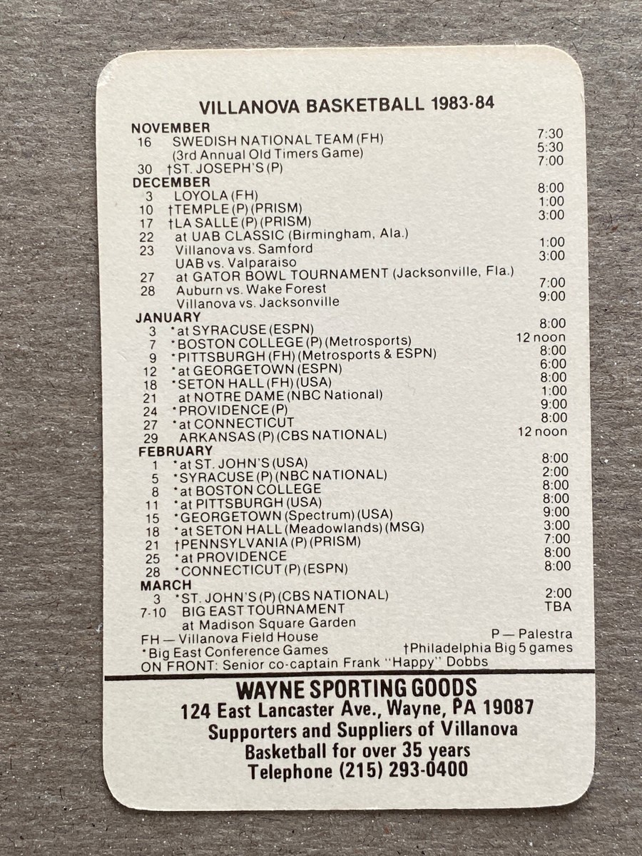 cbk-1983-84-villanova-wildcats-basketball-schedule-frank-happy-dobbs-college-ebay