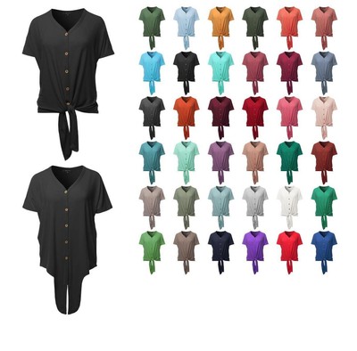 Loose Fit Short Sleeve Button Down Front Tie Top