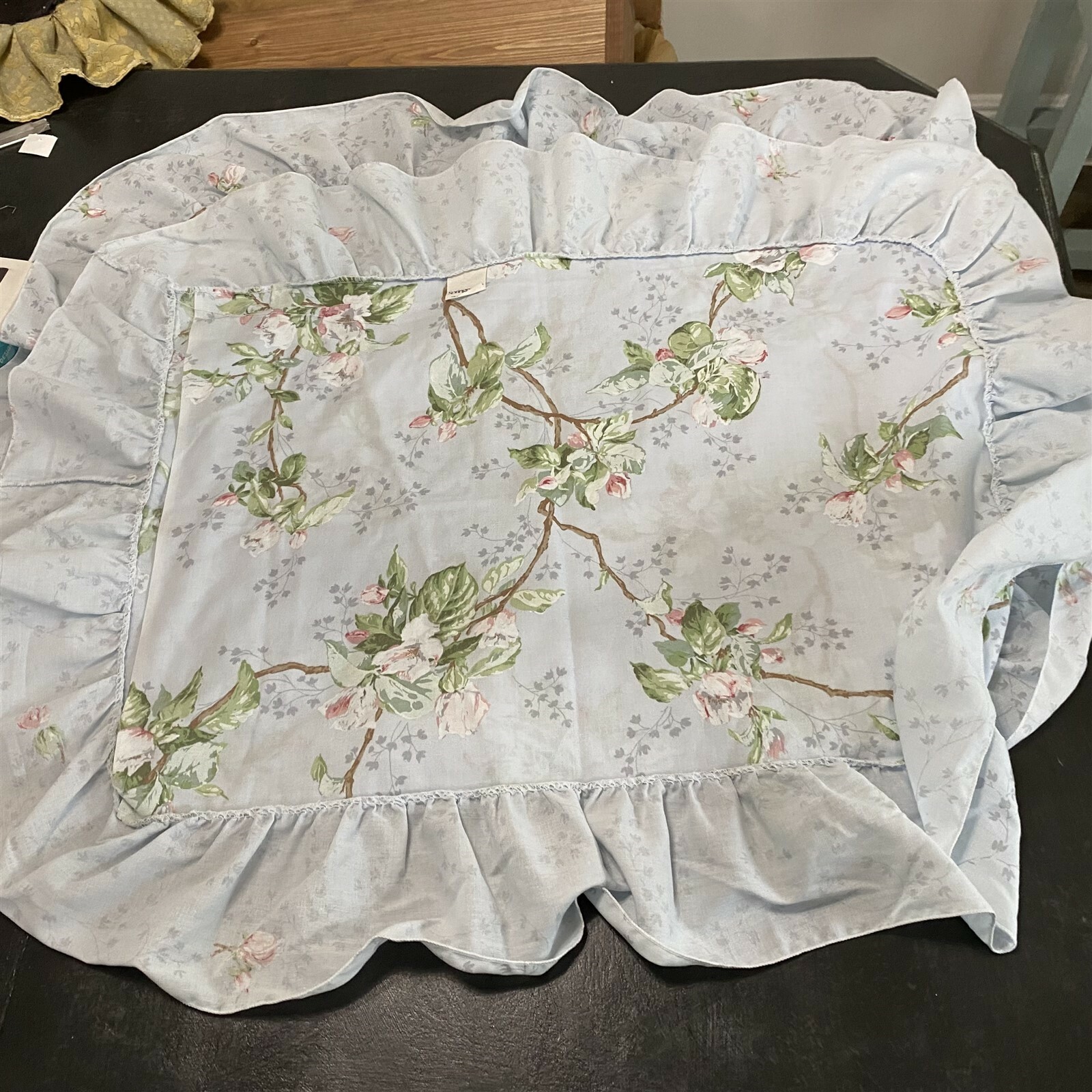 Vintage Springmaid Pillow Shams Pair Blue Ruffle Trim Dogwood Cherry