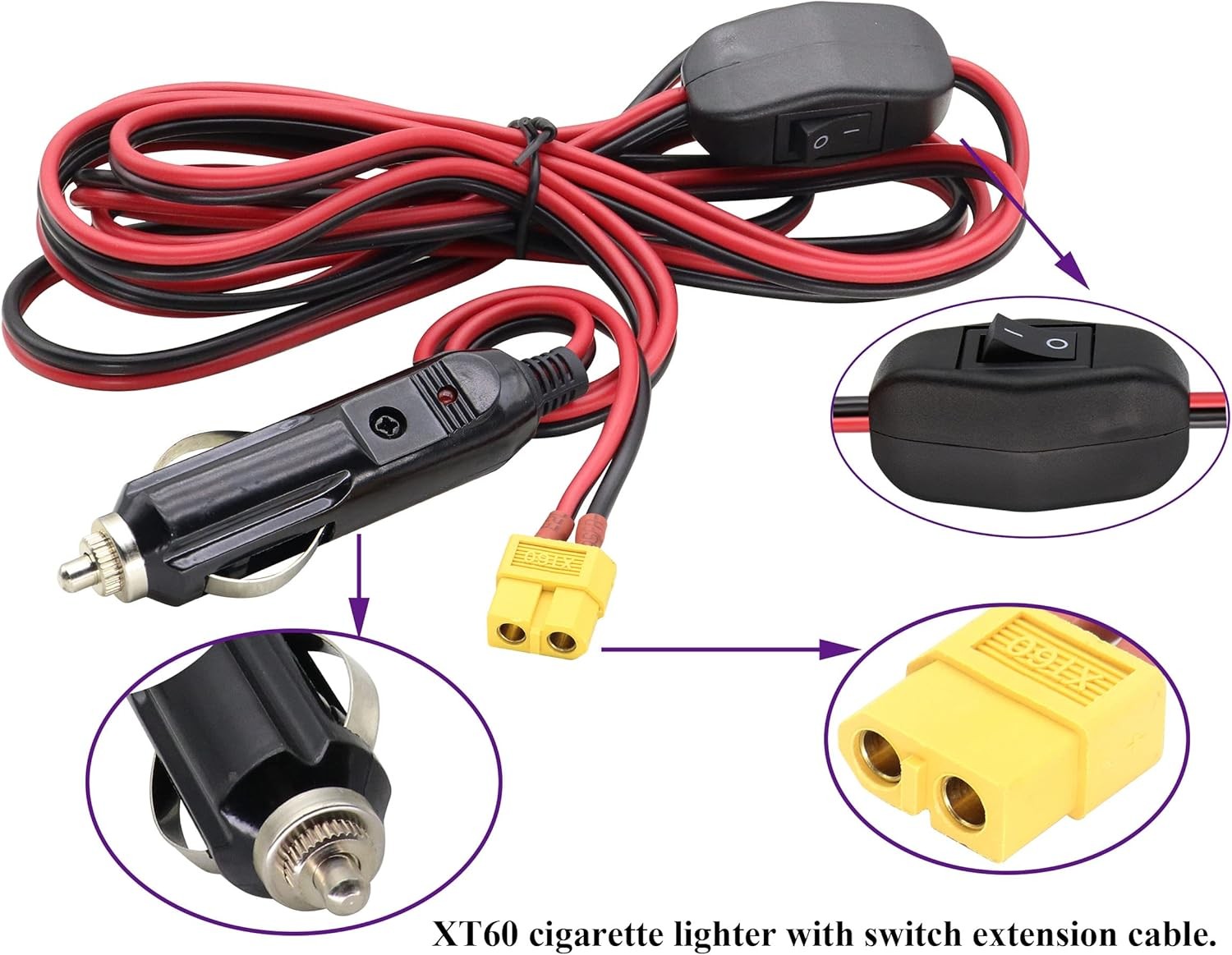 Female to Cigarette Lighter With Switch Cable, 16AWG-3 Meters-XT60 Female