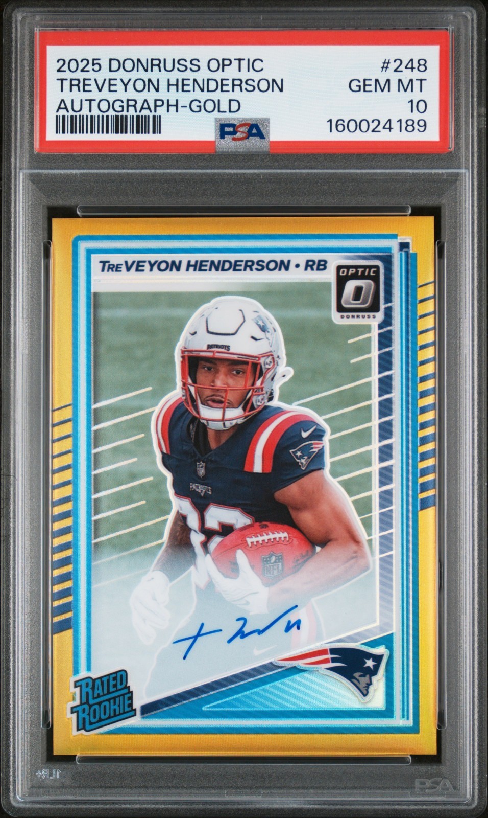 🔥 2025 DONRUSS OPTIC TREVEYON HENDERSON #248 GOLD PRIZM ROOKIE AUTO /10 PSA 10