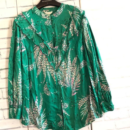 Monsoon Women’s Blouse  Green Feather Print Ruffle Button Long Sleeve Top XL