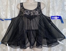 VTG NWT 1X Black Fancy Full Sheer Db Chiffon Babydoll Nightgown w Panty SET USA