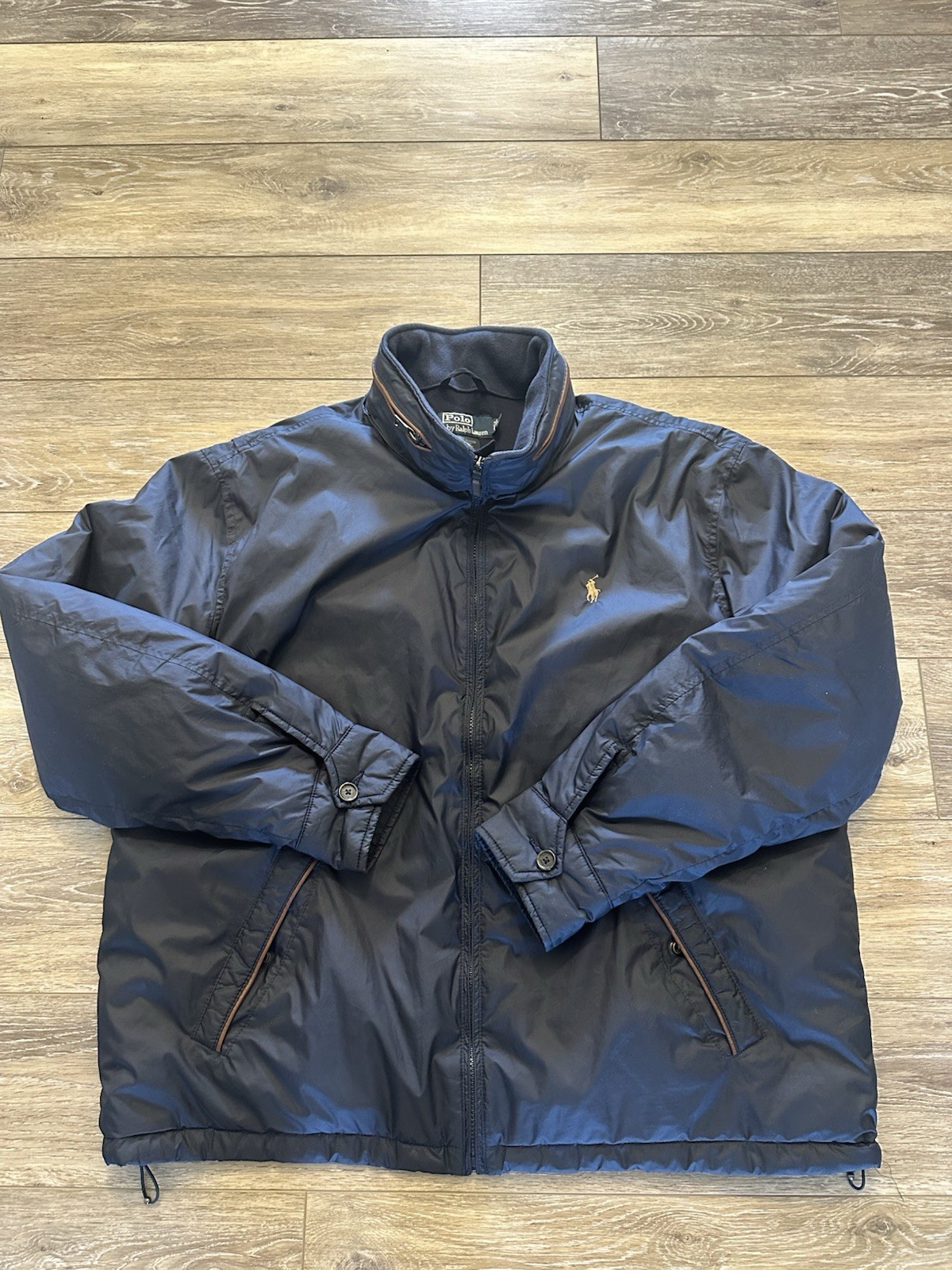 VINTAGE Polo Ralph Lauren giacca uomo XL blu navy pelle bordo pony pile foderato cappotto