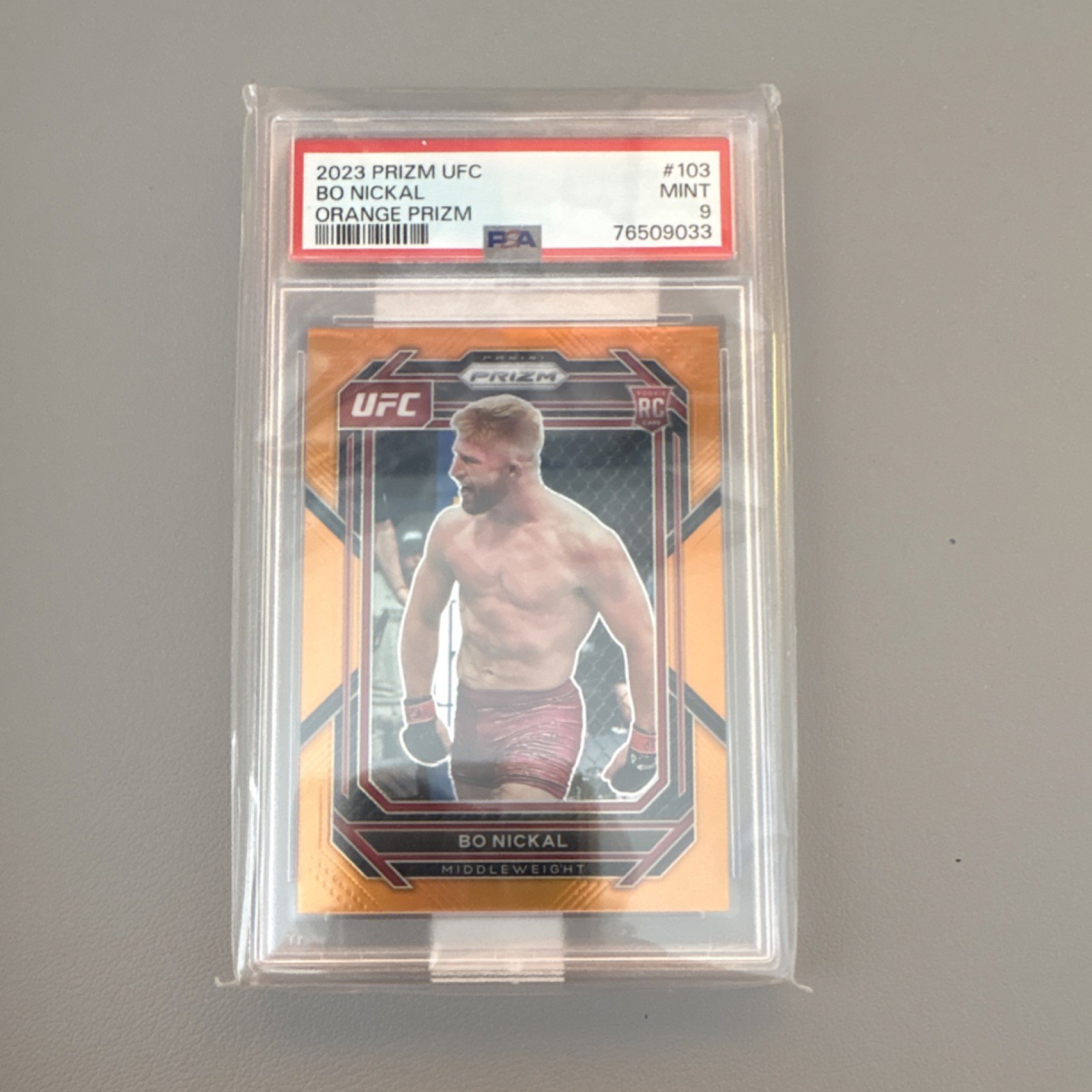 2023 Panini Prizm UFC Bo Nickal #103 Orange Prizm /99 Rookie PSA 9