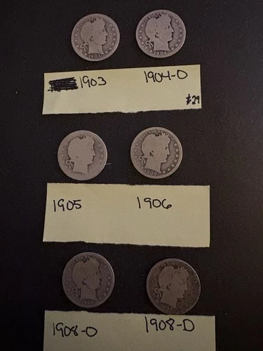 Barber Quarters Lot Of 6-1902 1904-O 1905 1906 1908-O 1908-D 90% Silver