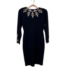 Vtg Liz Claiborne Sweater Dress Sz 10 Black Embellished Long Sleeve Stretchy 80s