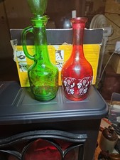  jewel toned emerald vintage Italian lidded carafe 24k gold.Cranberry Red Port.