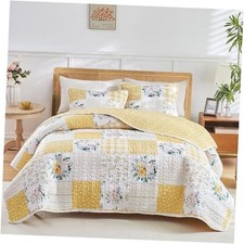 3 Pieces Floral Patchwork Quilt Set Queen n White Flowers Queen-90"x90" Yellow